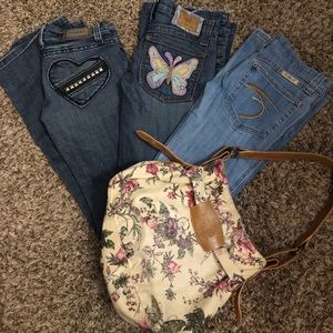 3 Frankie B. Jeans size 0 and 1 Just Cavalli bag.